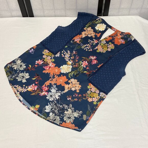 Daniel Rainn V Neck Sheer Keyhole Back Dot & Floral Top Navy Orange S Sleeveless - Picture 9 of 14